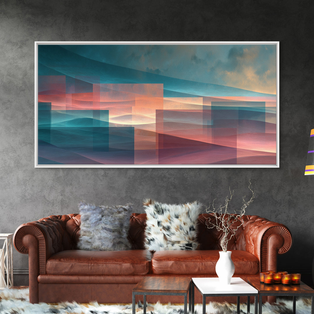 Layered Sunset Mountain Geometry Wall Art, Midcentury Modern Art Print, Teal Pink Landscape Decor, Abstract Home Office Art