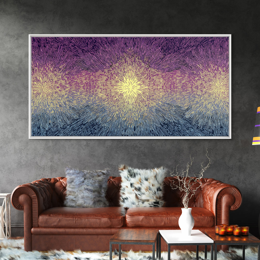 Purple Gold Radiant Burst Wall Art, Midcentury Modern Abstract Print, Spiritual Sun Decor, Funky Geometric Home Office Art
