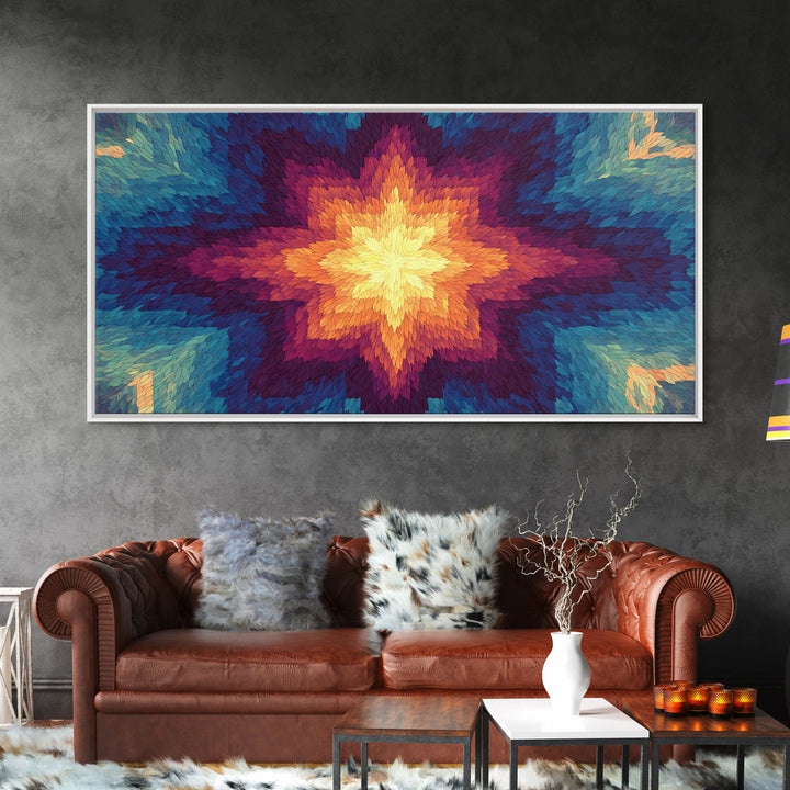 Rainbow Kaleidoscope Starburst Canvas Print, Colorful Midcentury Wall Art, Modern Abstract Art Print, Bold Geometric Decor