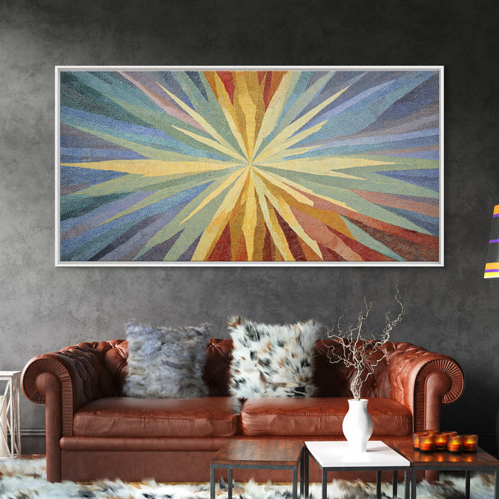 Woven Sunburst Rays Abstract Wall Art, Modern Geometric Art Print, Midcentury Canvas Decor, Blue Yellow Statement Piece Art
