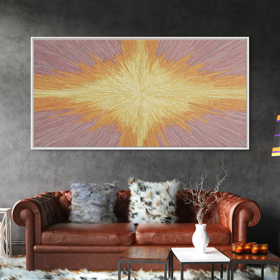 Golden Radiant Cross Starburst Framed Canvas Print, Spiritual Wall Art, Modern Christian Abstract Decor, Purple Yellow Art