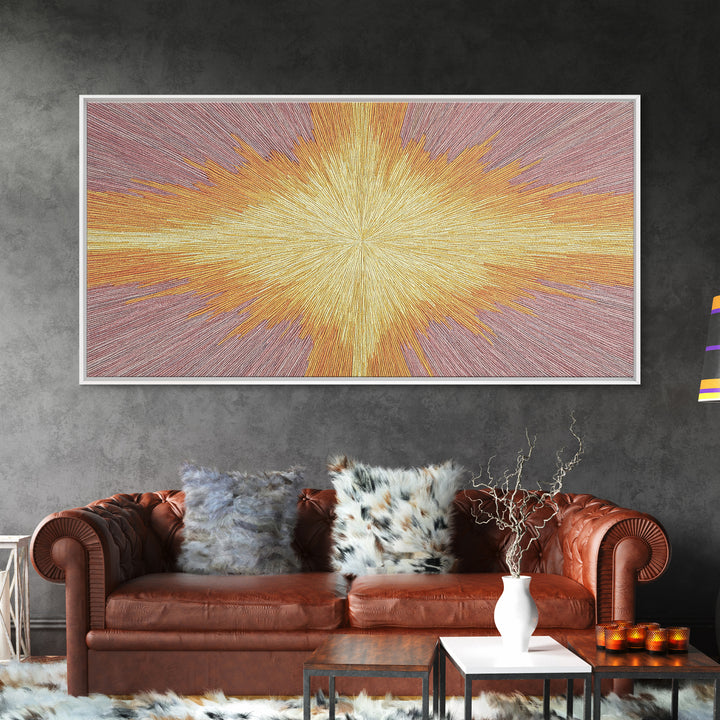 Golden Radiant Cross Starburst Framed Canvas Print, Spiritual Wall Art, Modern Christian Abstract Decor, Purple Yellow Art