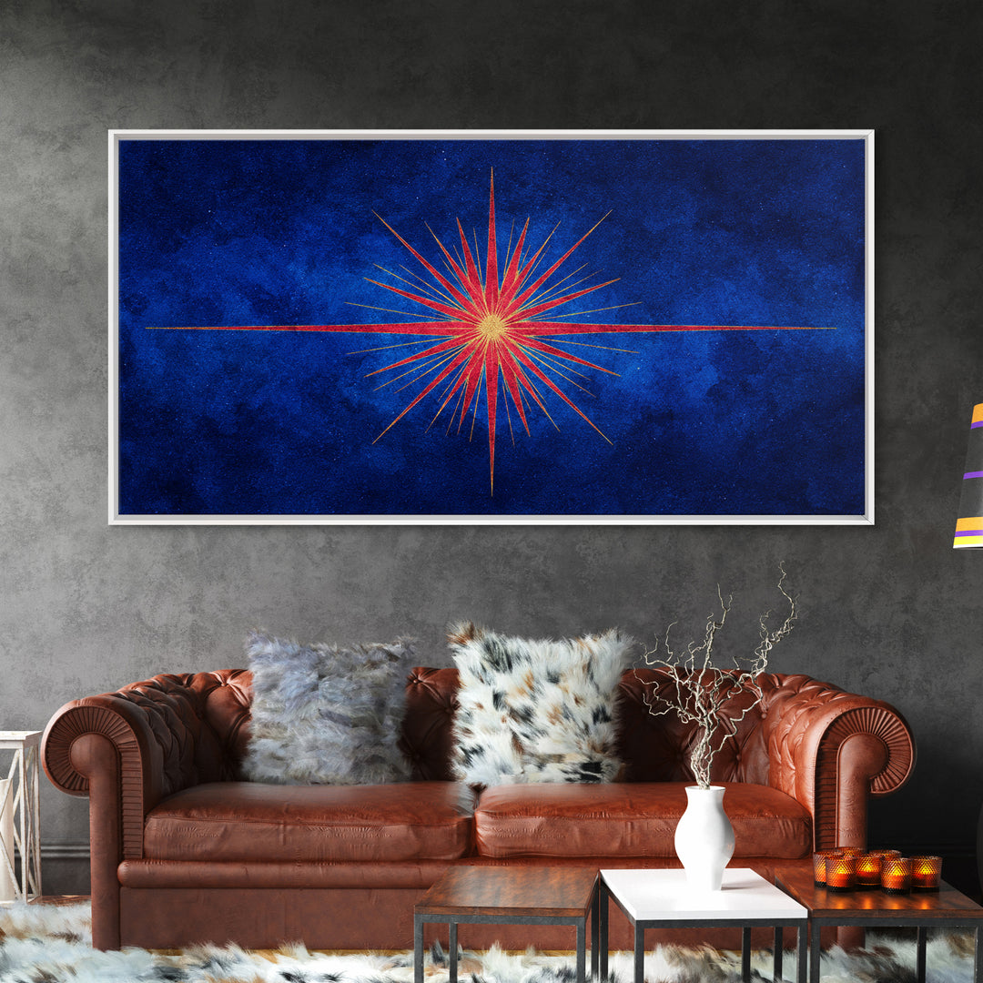 Blue Gold Starburst Framed Canvas Print, Mid Century Modern Atomic Wall Art, Retro Sunburst Poster, Elegant MCM Wall Decor