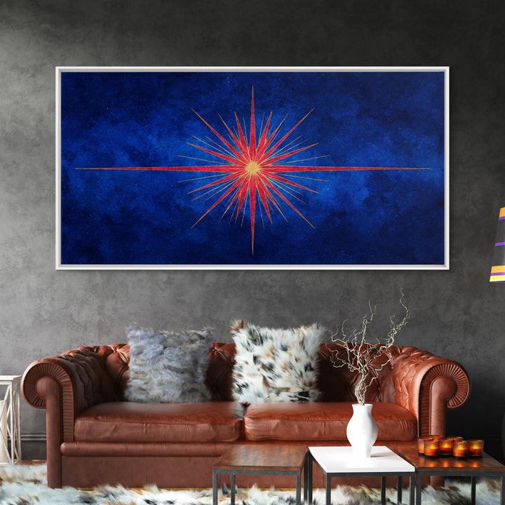 Blue Gold Starburst Framed Canvas Print, Mid Century Modern Atomic Wall Art, Retro Sunburst Poster, Elegant MCM Wall Decor