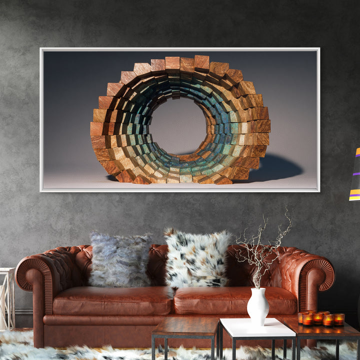 Copper Teal Oval Block Sculpture Wall Art, Midcentury Modern Geometric Abstract Print, Retro MCM Decor For Living Room Art