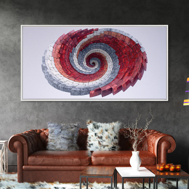 Red Gray Spiral Mosaic Wall Art, Midcentury Modern Abstract Geometric Print, Retro Op Art Decor For Office And Living Room