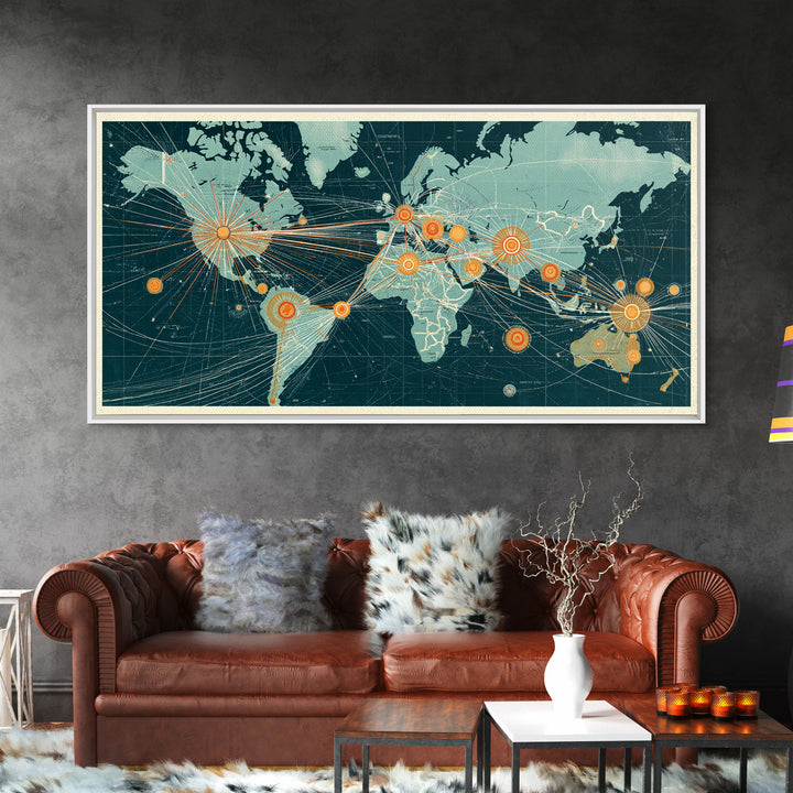 Teal Orange World Map Wall Art, Midcentury Modern Travel Print, Global Network Poster For Office Decor And Living Room Decor