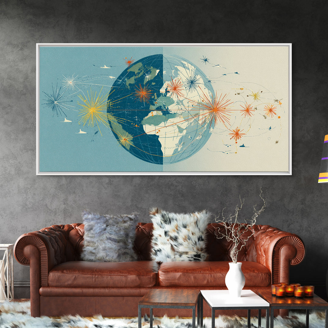 Split Globe Network Wall Art, Midcentury Modern Travel Print, Retro World Map Poster With Starbursts For Home Office Decor