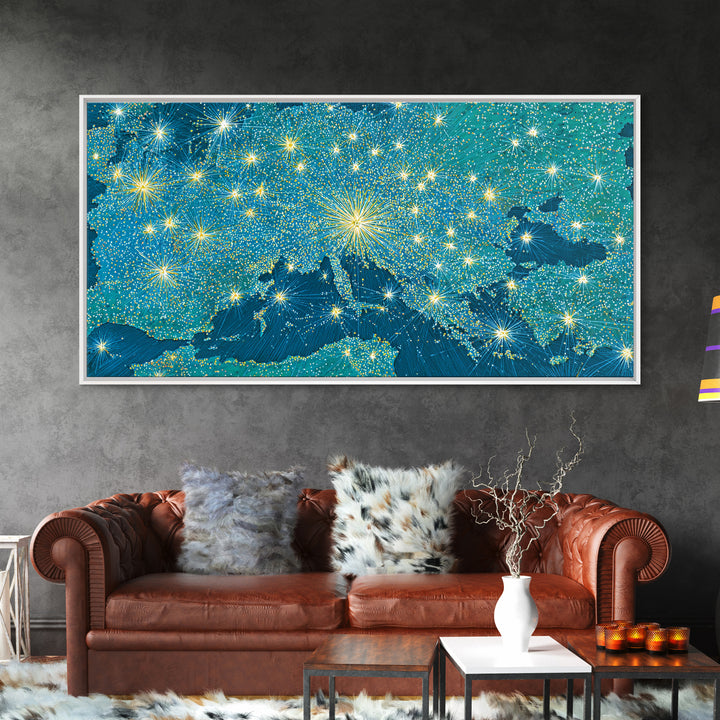 Blue Illuminated World Map Wall Art, Midcentury Modern Travel Print, Global Lights Poster For Office And Living Room Decor