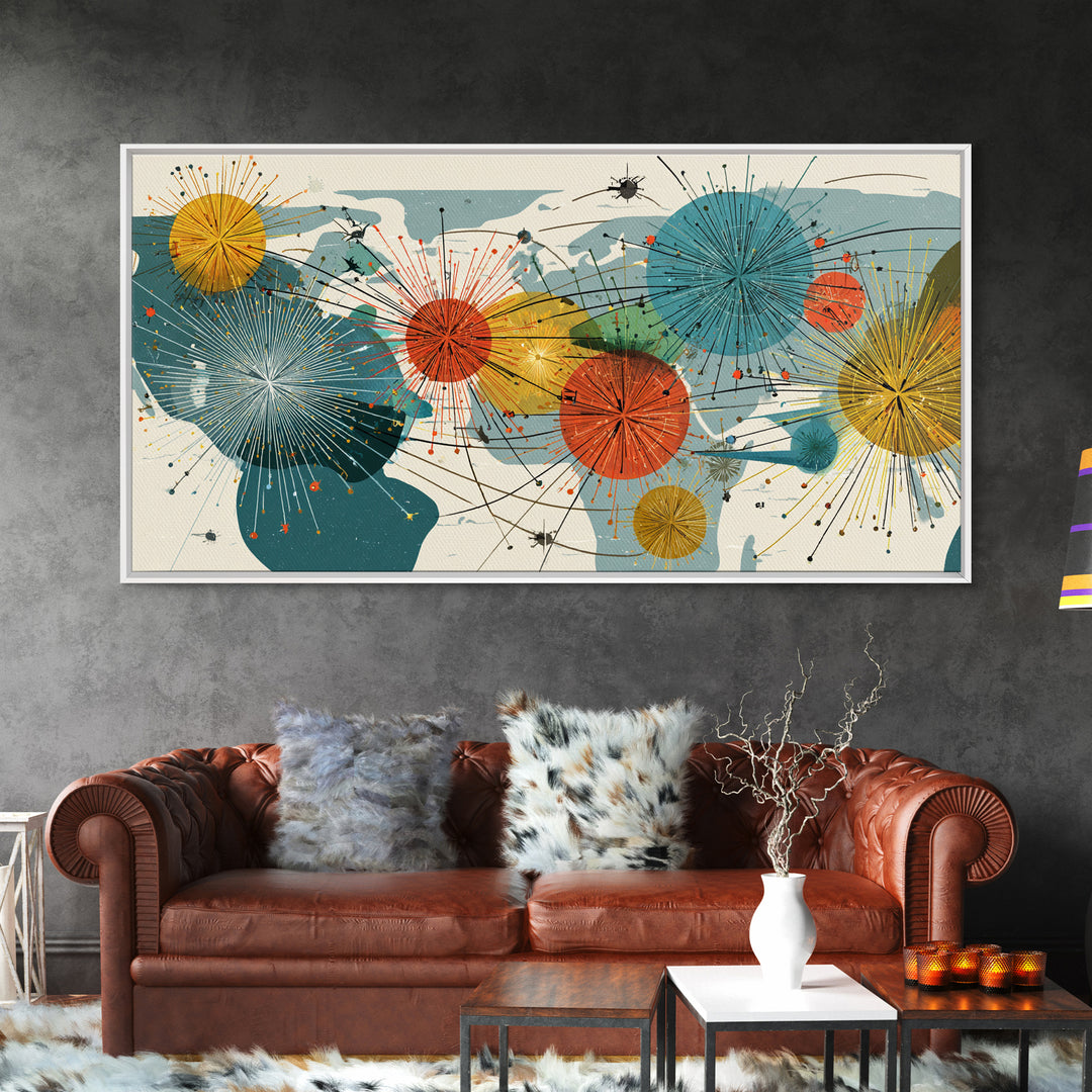 Abstract World Map Starburst Canvas Print, Midcentury Modern Geometric Wall Art, Retro Global Network Decor For Office Or Home
