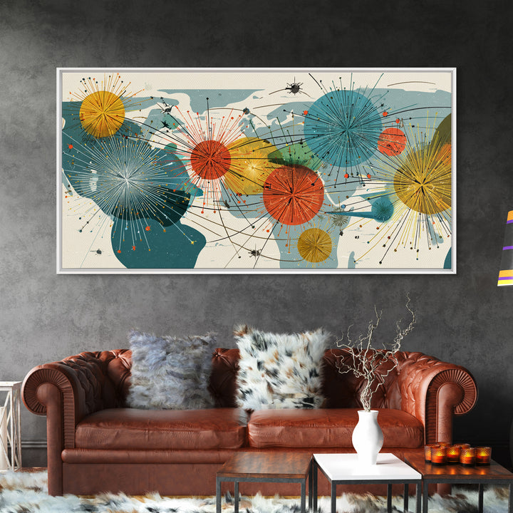 Abstract World Map Starburst Canvas Print, Midcentury Modern Geometric Wall Art, Retro Global Network Decor For Office Or Home