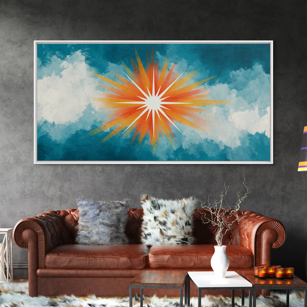 Teal Cloud Sunrise Starburst Canvas Print, Midcentury Modern Nature Wall Art, Retro Sun Poster, Colorful Scenic MCM Decor