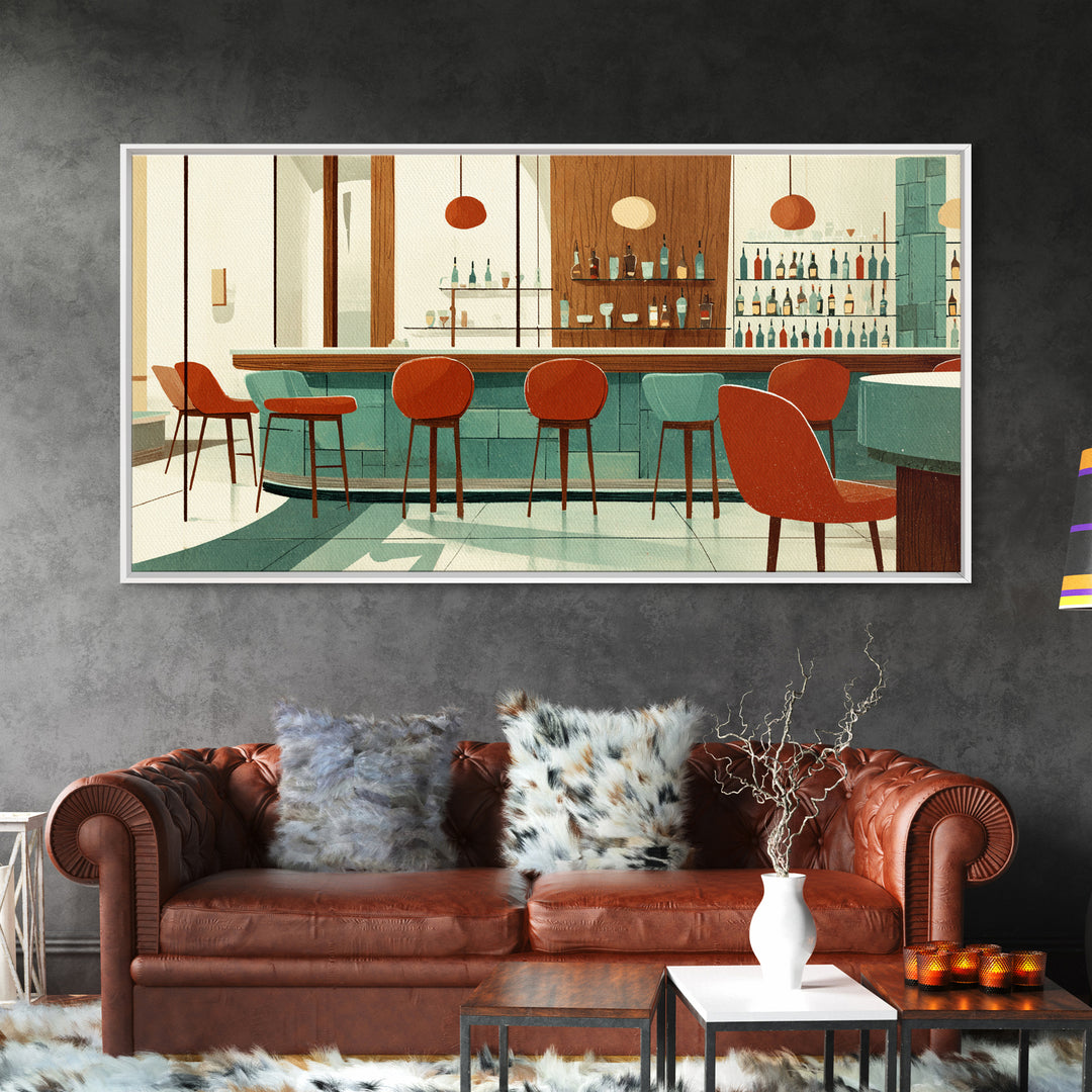 Retro Cocktail Bar With Red Chairs And Teal Cabinets, Mid Century Modern Wall Art, MCM Lounge Decor, Canvas Style Print Gift