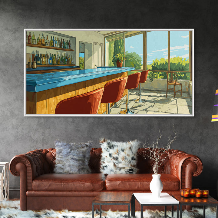 Sunlit Patio Cocktail Bar With Blue Counter And Red Stools, Mid Century Modern Wall Art, Retro Lounge Decor, Scenic Bar Print