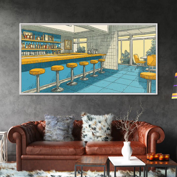 Retro Blue And Yellow Hotel Bar With Round Stools, Mid Century Modern Wall Art, MCM Lounge Decor, Diner Interior Print Poster