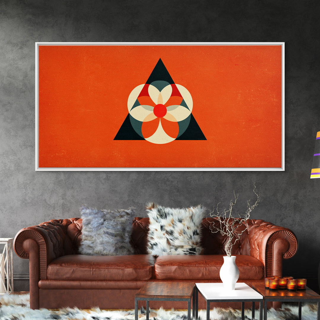 Orange Geometric Flower In Black Triangle, Mid Century Modern Canvas Print, Atomic Bauhaus Wall Decor, Abstract MCM Poster