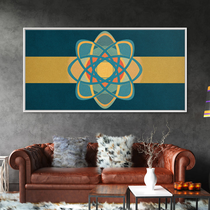 Teal And Gold Atomic Orbit Abstract, Mid Century Modern Wall Art, Retro Science Decor, Geometric MCM Canvas Print Poster