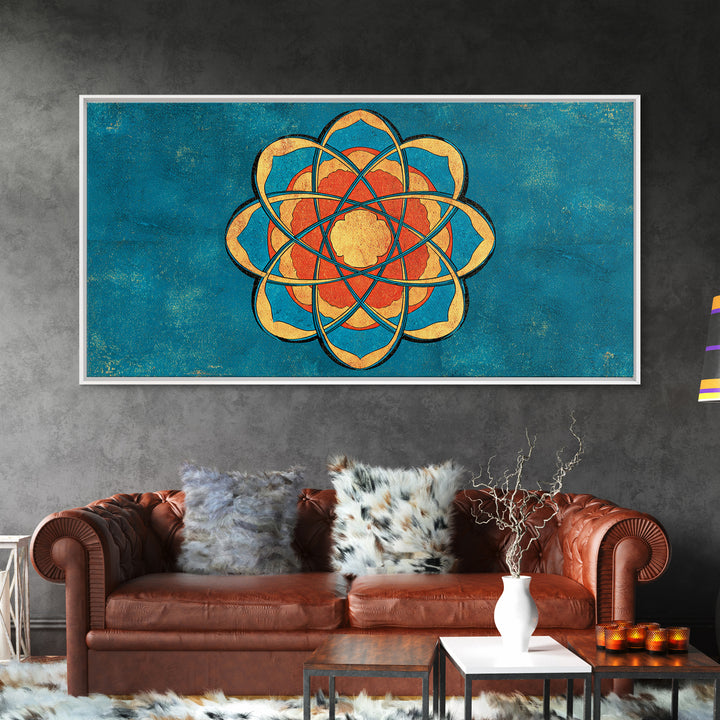 Teal And Orange Atomic Flower Mandala, Mid Century Modern Wall Art, Geometric Abstract Decor, Retro MCM Canvas Print Poster