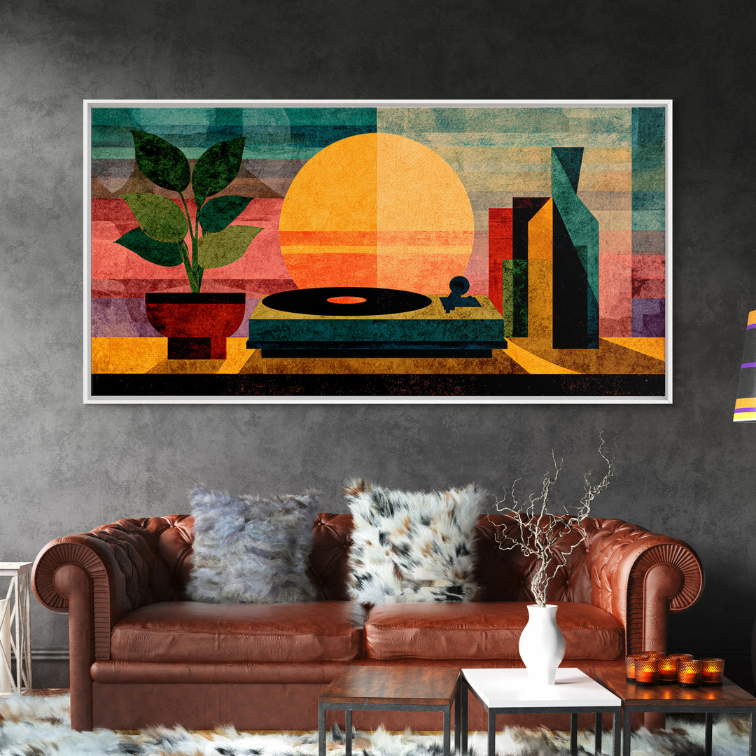 Sunset Turntable Still Life With Plant And Bottles, Mid Century Modern Wall Art, Vinyl Record Decor, Retro Music Canvas Print