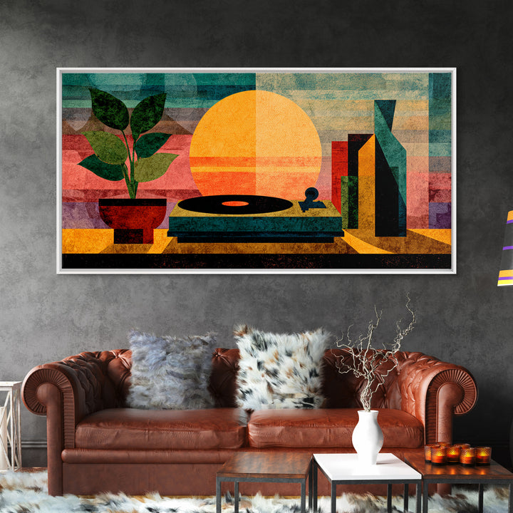 Sunset Turntable Still Life With Plant And Bottles, Mid Century Modern Wall Art, Vinyl Record Decor, Retro Music Canvas Print