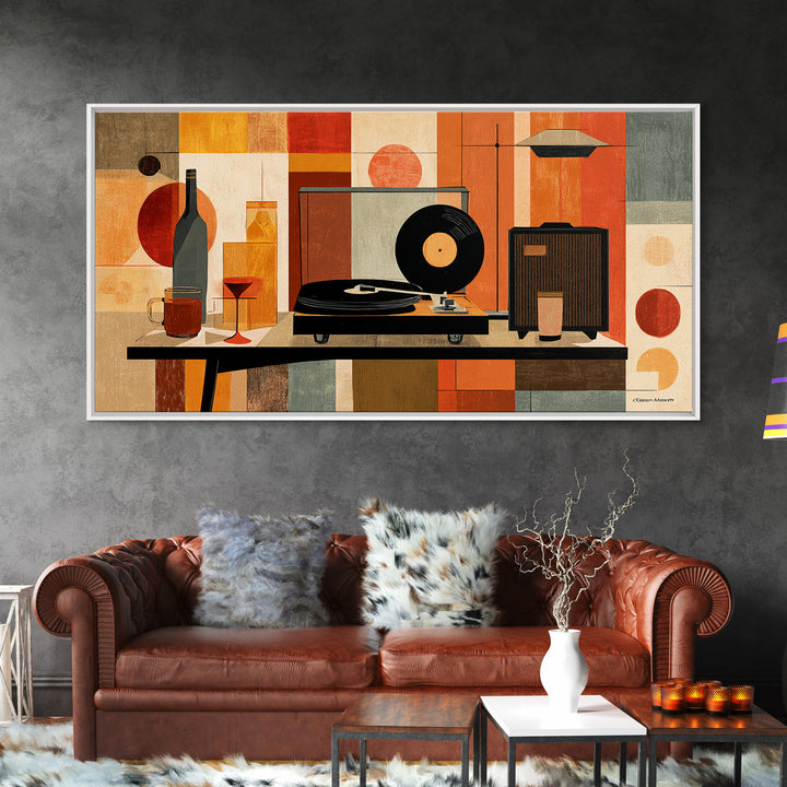 Midcentury Record Player Still Life With Bottle And Radio, Framed Canvas Print, MCM Wall Art, Retro Music Home Decor Poster
