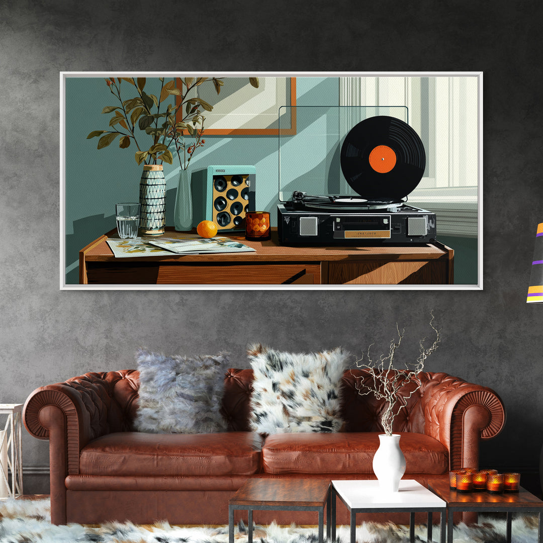 Modern Record Player And Plant Framed Canvas Print, Mid Century Modern Wall Art, Retro Vinyl Decor For Office Or Music Room
