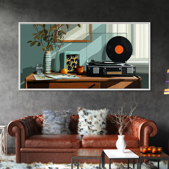 Modern Record Player And Plant Framed Canvas Print, Mid Century Modern Wall Art, Retro Vinyl Decor For Office Or Music Room