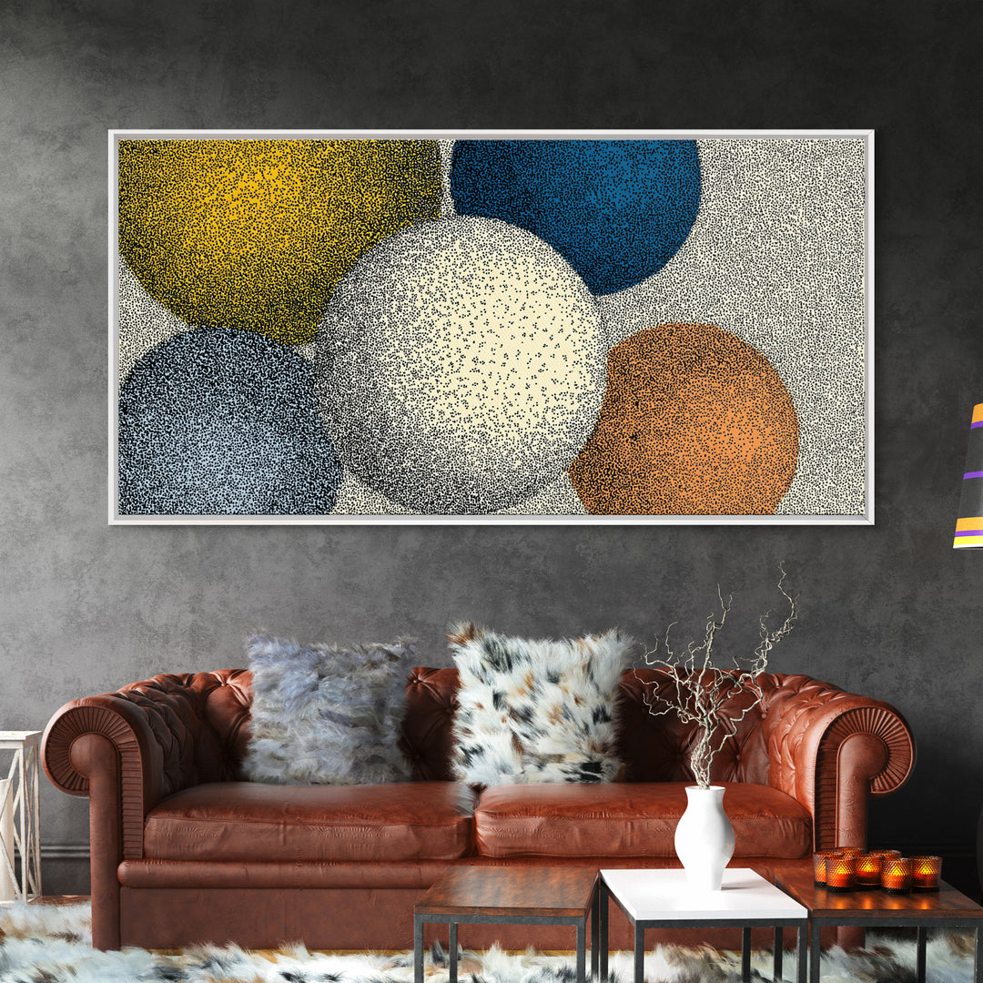 Large Dotted Circle Abstract Wall Art, Mid Century Modern Geometric Poster, Blue Orange Spheres Print For Living Room Decor