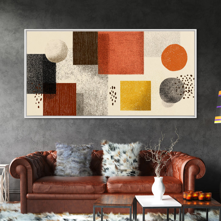 Earth Tone Geometric Shapes Framed Canvas Print, Mid Century Modern Wall Art, Orange Yellow Abstract Decor For Home Office