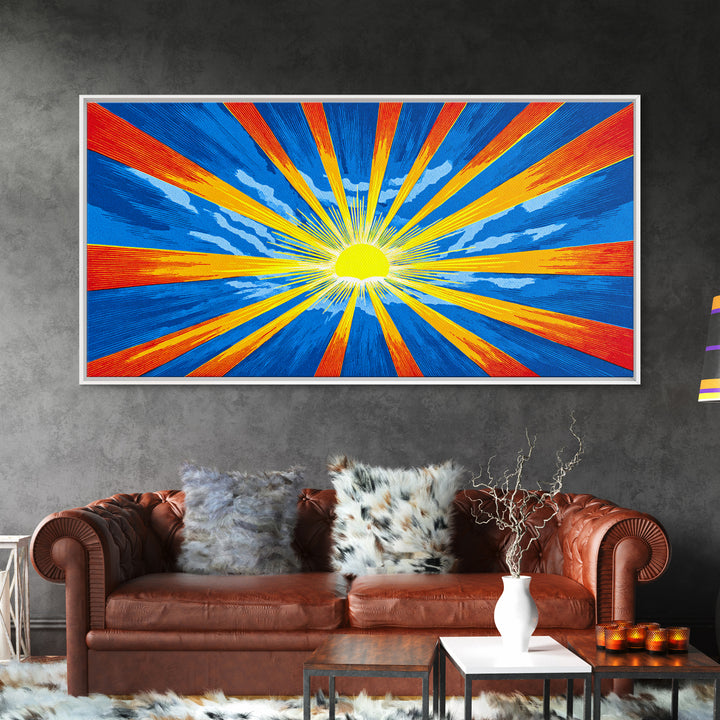 Radiant Sunburst Canvas Print, Blue Orange Yellow Rays Poster, Midcentury Modern Art, Retro Wall Decor, Geometric MCM Print