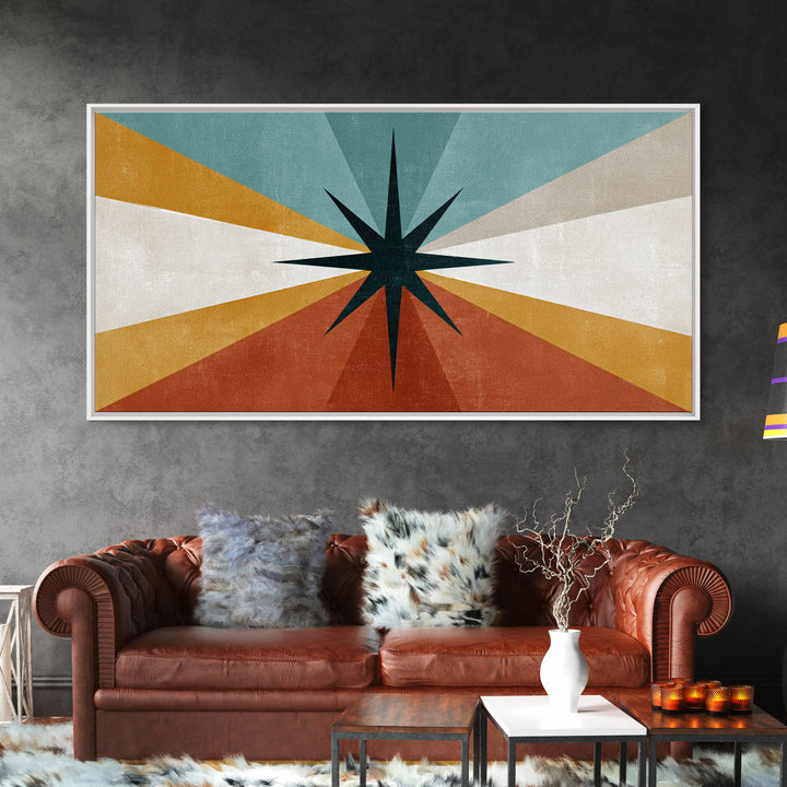 Compass Star Geometric Abstract Wall Art, Mid Century Modern Atomic Poster, Retro MCM Canvas Print, Teal Orange Wall Decor