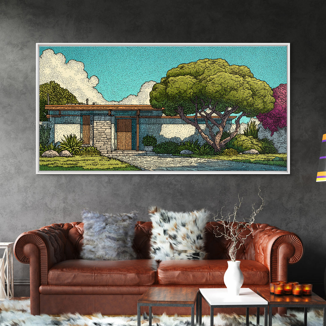 Mid Century Modern House Landscape Wall Art, Retro Architecture Poster, Palm Springs Style Home Decor, Colorful Garden Print