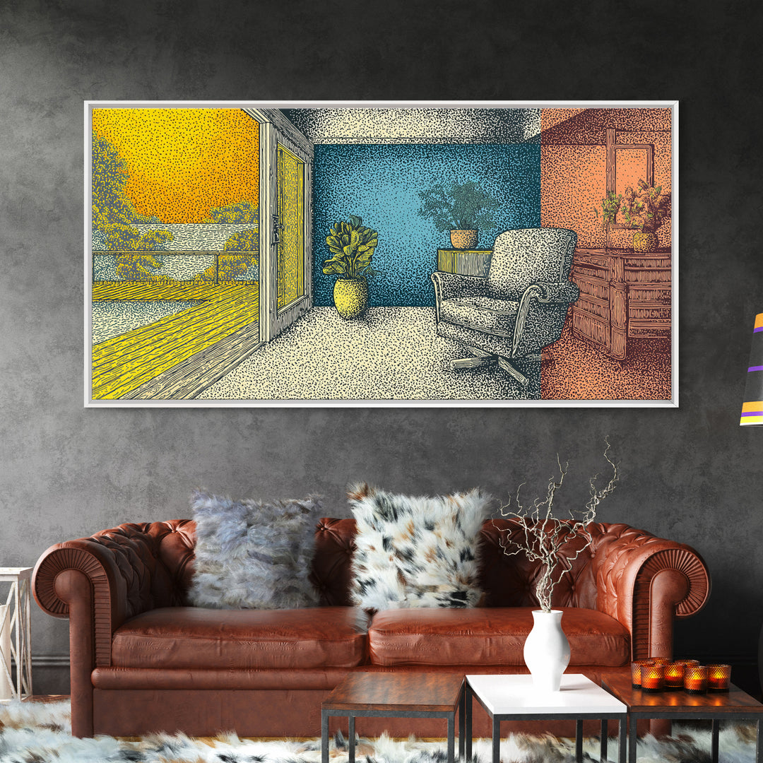 Sunny Midcentury Balcony Interior With Lake View Wall Art, Retro Modern Decor, MCM Living Room Art, Yellow Blue Canvas Print