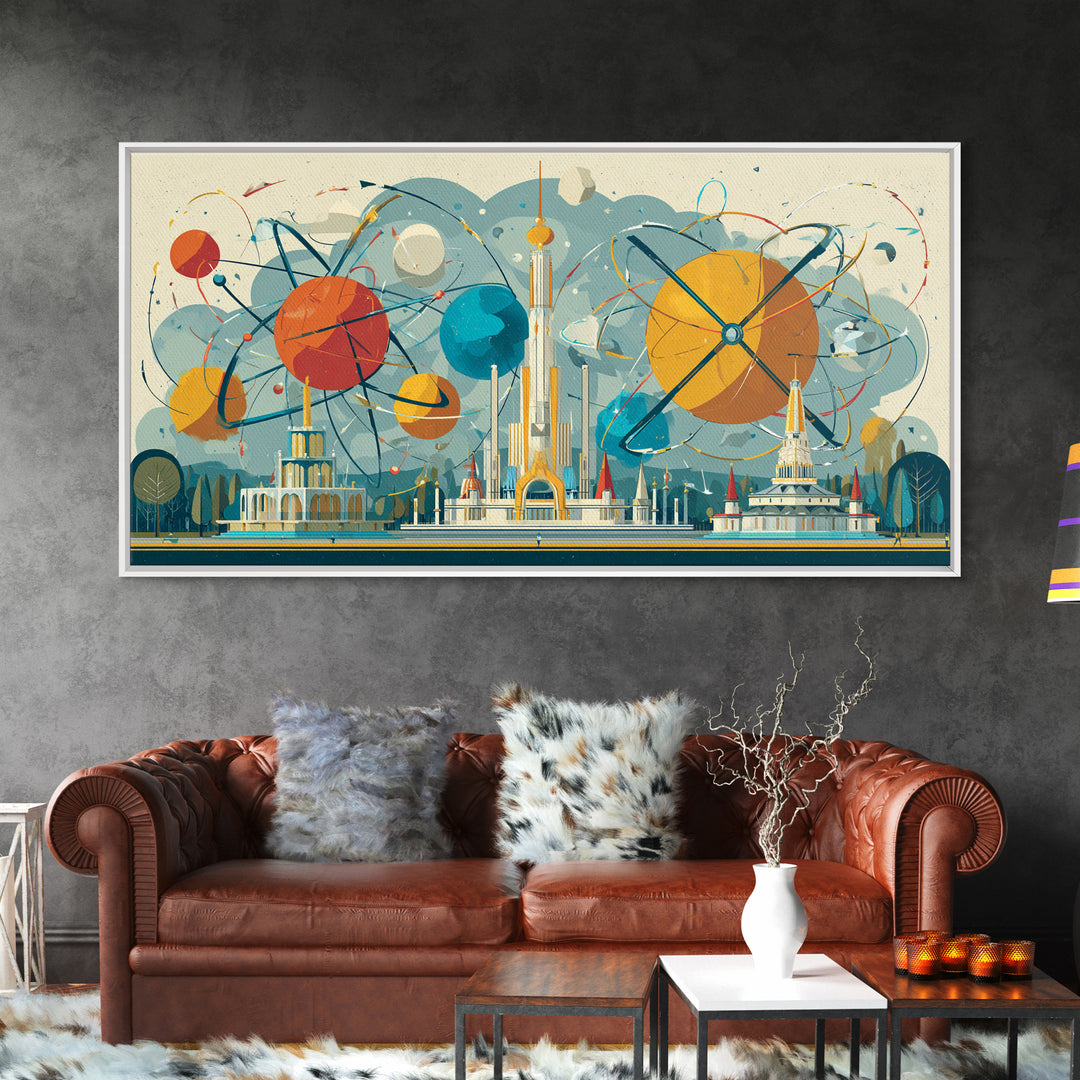 Atomic Planets Over Futuristic Fair City Wall Art, Midcentury Modern Art, Retro Space Poster, MCM Decor, Geometric Canvas Print