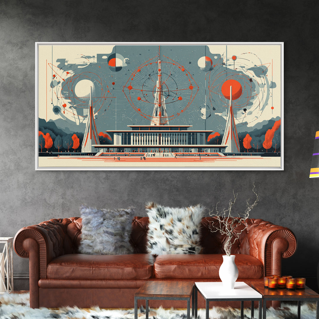 Modernist Atomic Pavilion With Red Orbit Diagrams Wall Art, Midcentury Modern Decor, Bauhaus Poster, Framed Canvas Print