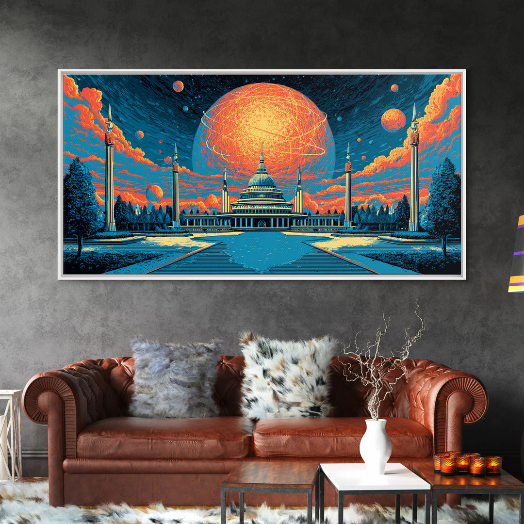 Glowing Orange Planet Over Capitol Skyline Wall Art, Retro Sci Fi Poster, Washington DC Decor, Atomic Midcentury Canvas Print