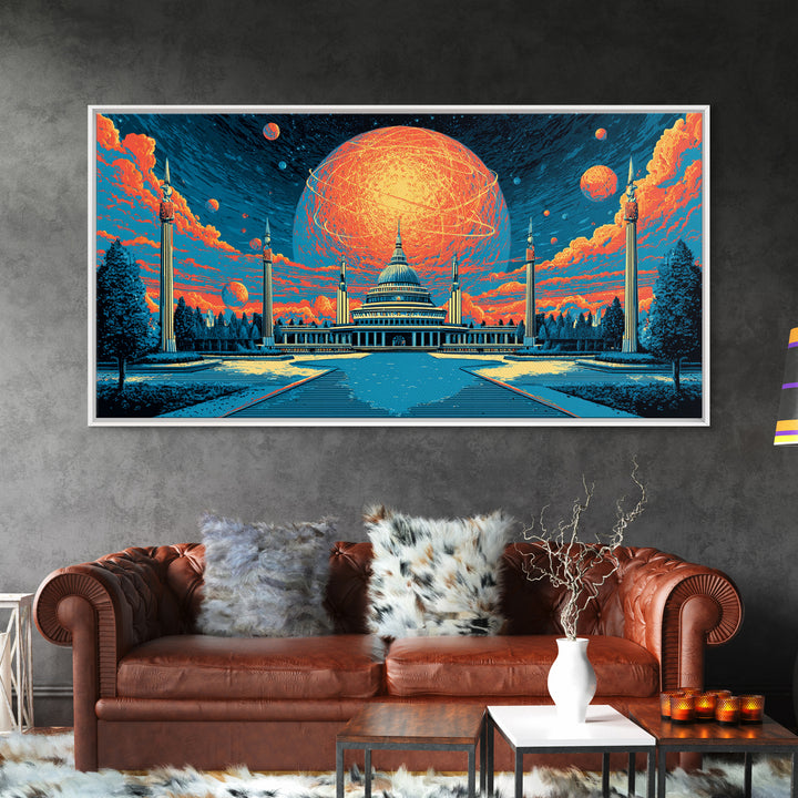 Glowing Orange Planet Over Capitol Skyline Wall Art, Retro Sci Fi Poster, Washington DC Decor, Atomic Midcentury Canvas Print