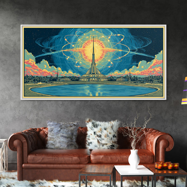 Atomic Sun Above Futuristic Tower And Reflecting Pool Wall Art, Midcentury Modern Decor, Retro Space Framed Canvas Print