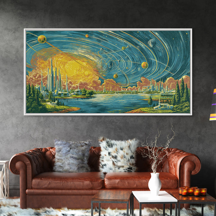 Orbiting Planets Over Futuristic Lake City Wall Art, Retro Modern Art Print, Midcentury Decor, MCM Wall Decor, Atomic Canvas Print