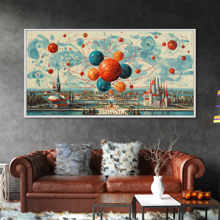 Giant Atomic Spheres Above Worlds Fair City Wall Art, Midcentury Modern Art, Retro Science Poster, MCM Decor, Framed Canvas Print