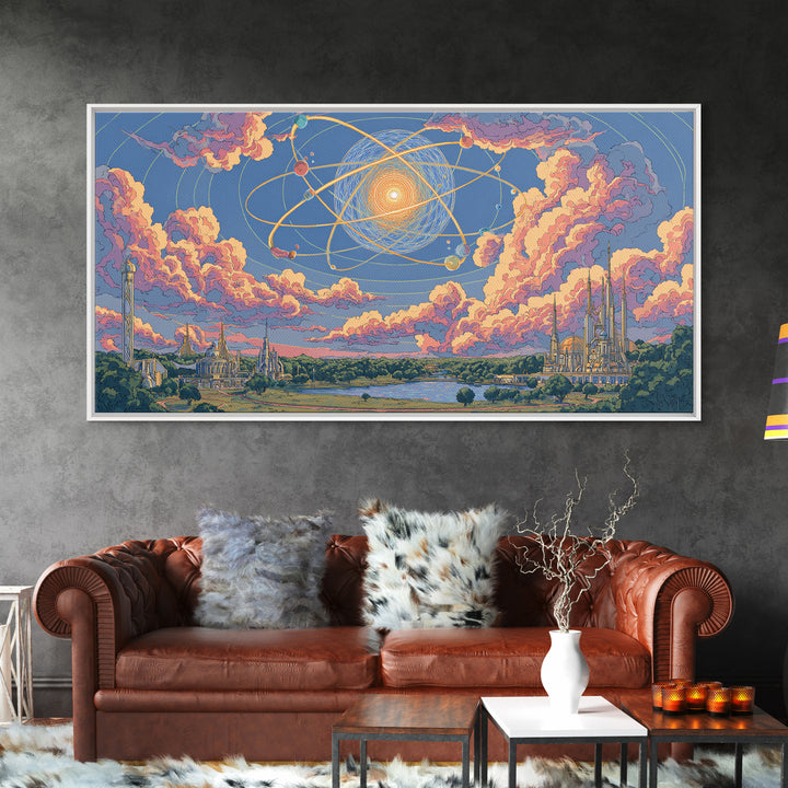 Pastel Atomic Sky Over River And Future Cities Wall Art, Retro Modern Decor, Midcentury Art Print, Pink Blue Framed Canvas Print