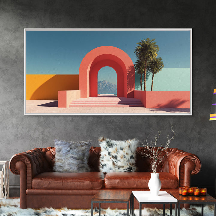 Pink Desert Archway With Palms And Mountain View Wall Art, Midcentury Modern Palm Springs Decor, Retro Landscape Print Poster