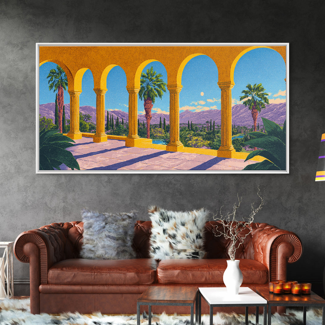 Golden Arcade Arches With Palms And Purple Mountains Wall Art, Midcentury Modern Travel Poster, Retro Palm Springs Decor