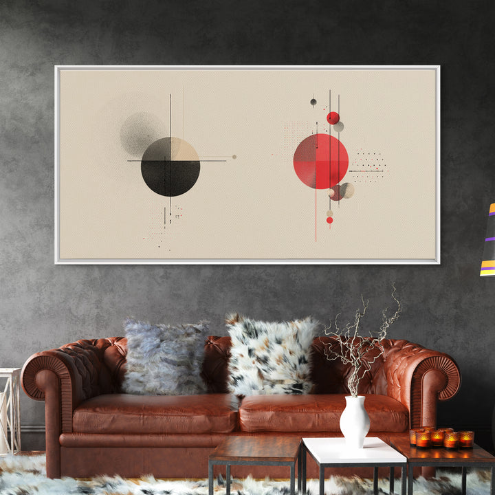 Black Red Geometric Circles And Lines Wall Art, Midcentury Modern Abstract Print, Bauhaus MCM Decor, Living Room Artwork