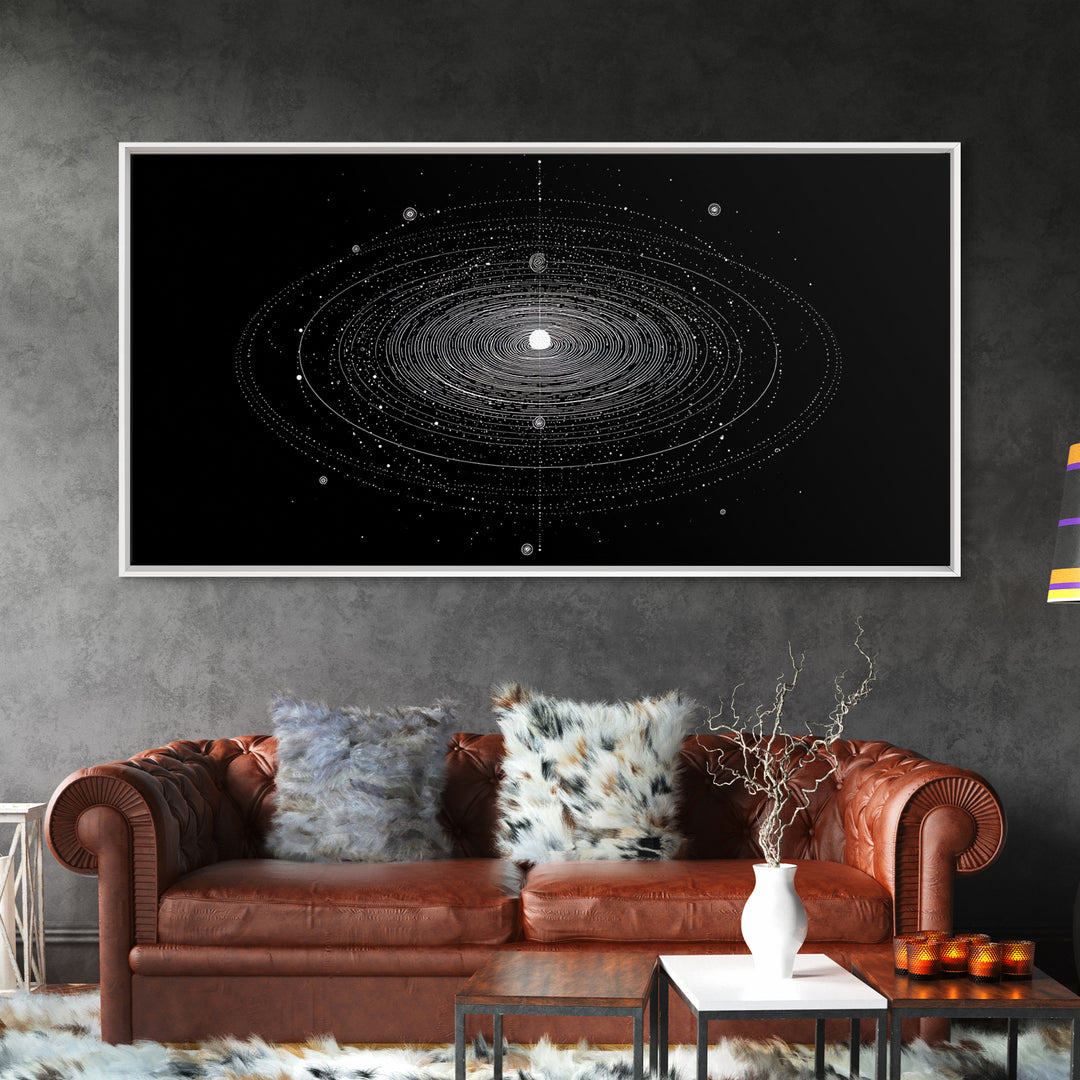 Black White Planetary Orbit Rings Canvas Print, Space Abstract Art, Minimal Modern Wall Decor, Sci Fi Office Poster Print