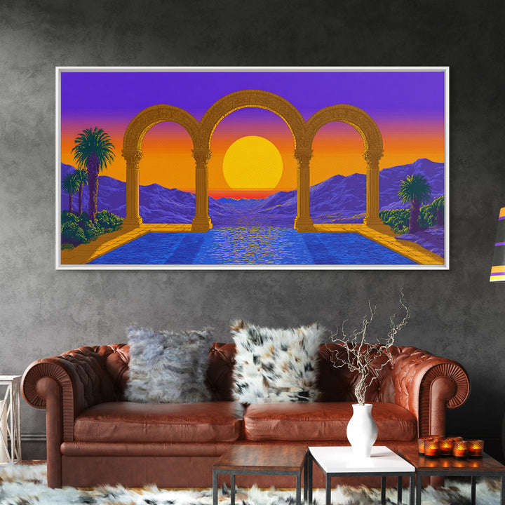 Sunset Arches Over Blue Pool And Mountains Canvas Print, Midcentury Modern Wall Decor, Retro Travel Poster For Living Room