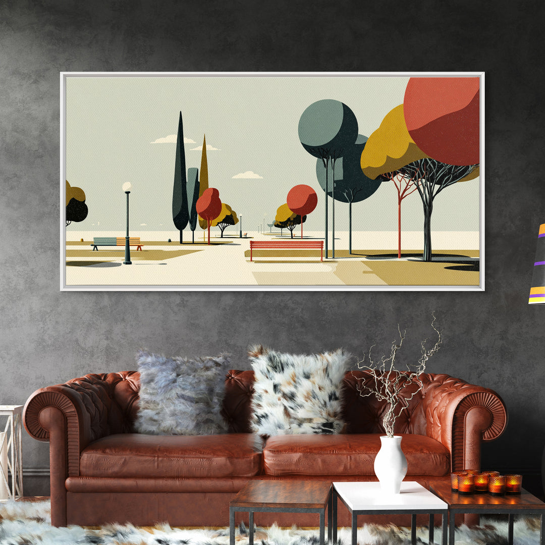 Colorful Park Promenade Canvas Print, Midcentury Modern Wall Art, Retro Landscape Poster, Scenic Home Office Decor Print Gift