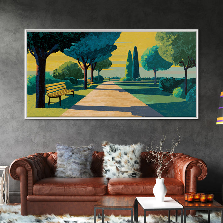 Sunlit Garden Path Framed Canvas Print, Midcentury Modern Wall Art, Scenic Landscape Poster, Green Home Office Decor Gift