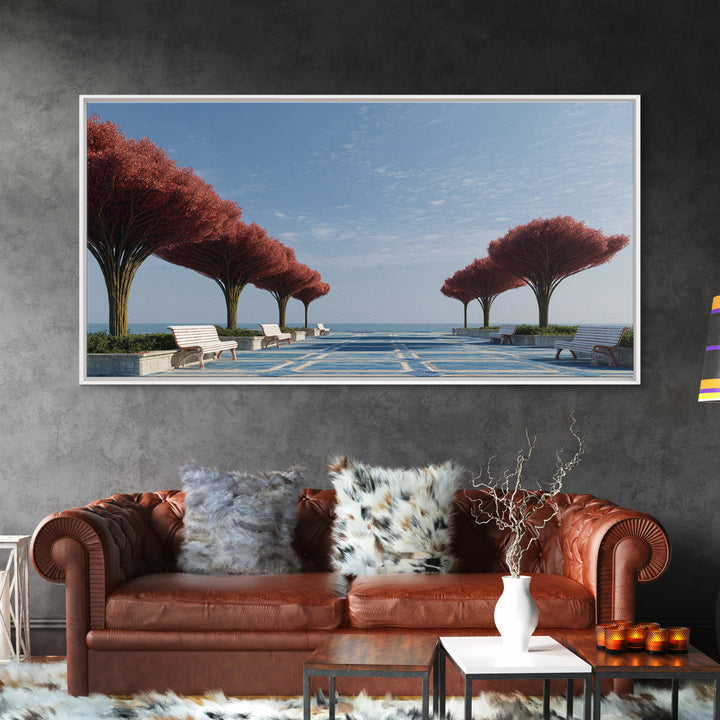 Seaside Promenade With Red Trees Wall Art, Modern Coastal Landscape Print, Midcentury Decor, Blue Ocean Living Room Decor
