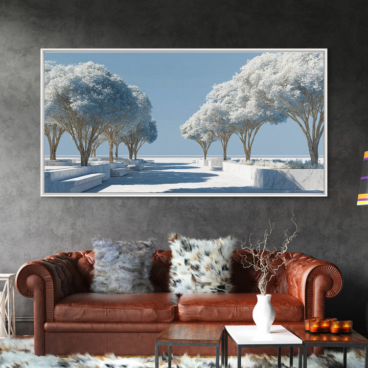 White Winter Tree Promenade Wall Art, Modern Coastal Landscape Print, Minimalist Blue Scenic Decor, Calm Living Room Poster
